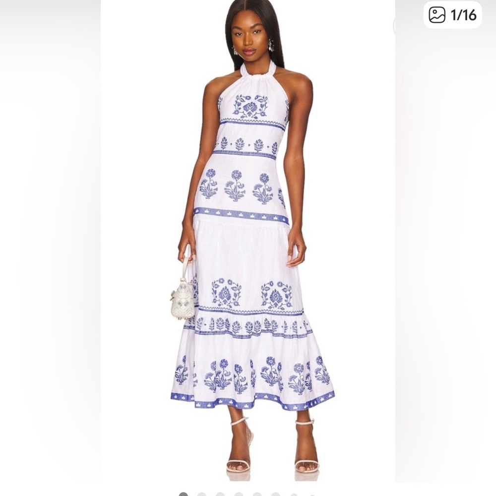 Milly Dea Cross Stitch Embroidered Dress in Blue Linen- Size 10